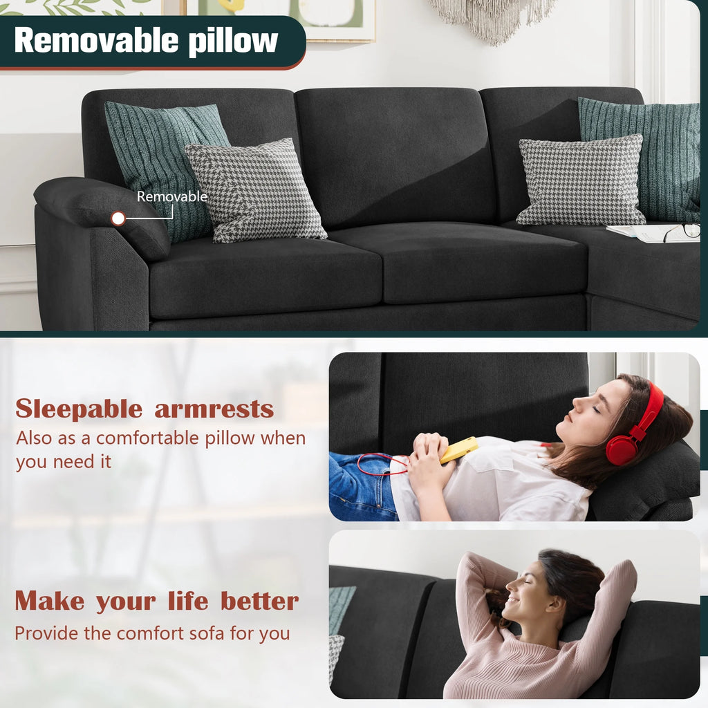 79" Convertible Sectional Sofa Couch, Linen Fabric L Shaped Sofa with Removable Pillows Black Q217782