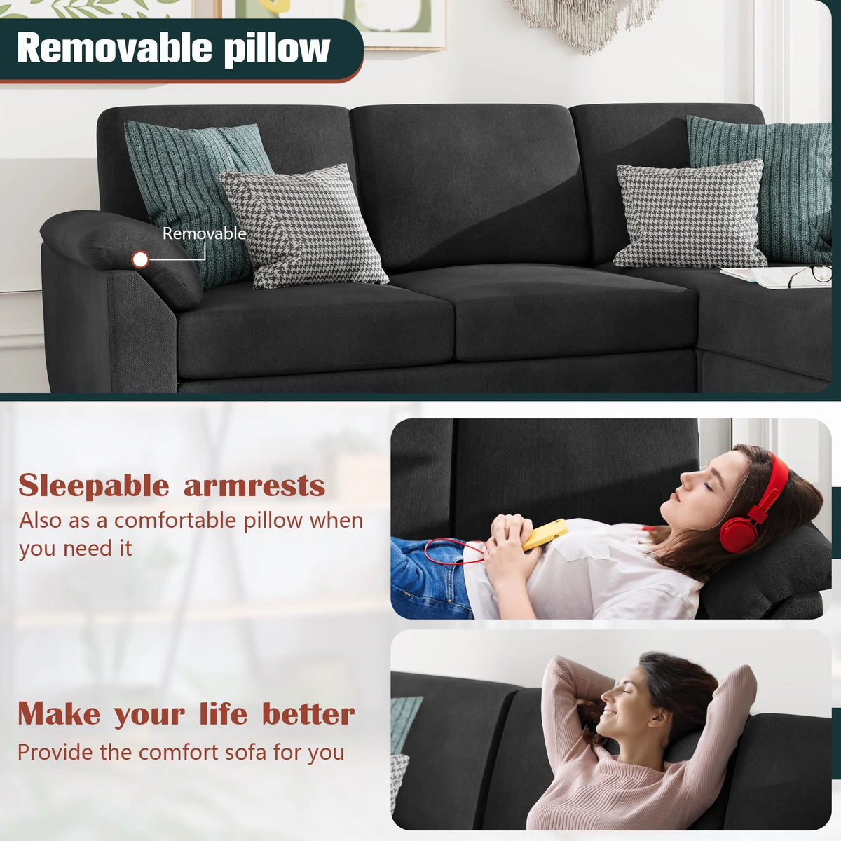79" Convertible Sectional Sofa Couch, Linen Fabric L Shaped Sofa with Removable Pillows Black Q217782