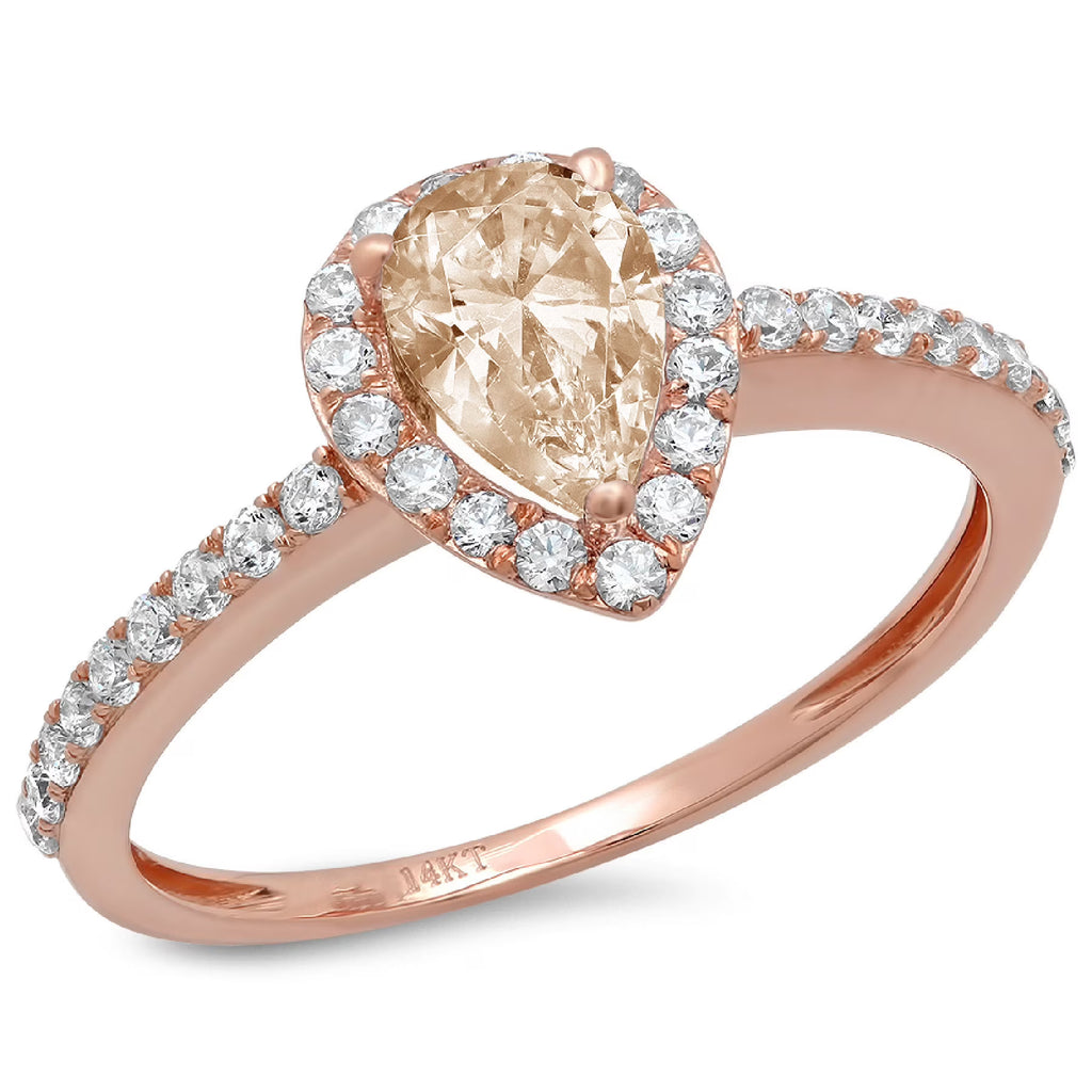 1.32ct Pear Cut Brown Champagne Simulated Diamond 18k Pink Rose Gold Halo Ring Size 3.5 U9687