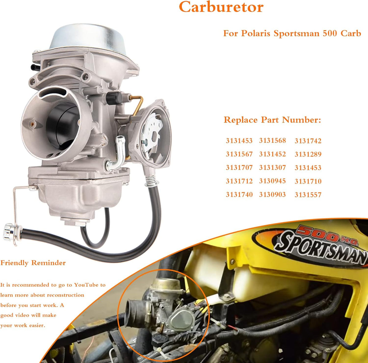 Carburetor for Polaris Sportsman 500 HO 4X4 2001-2005 & 2010-2012, Scrambler 500 4x4 1997-2009, Trail Boss 325 2000-2002 ATV Y102223
