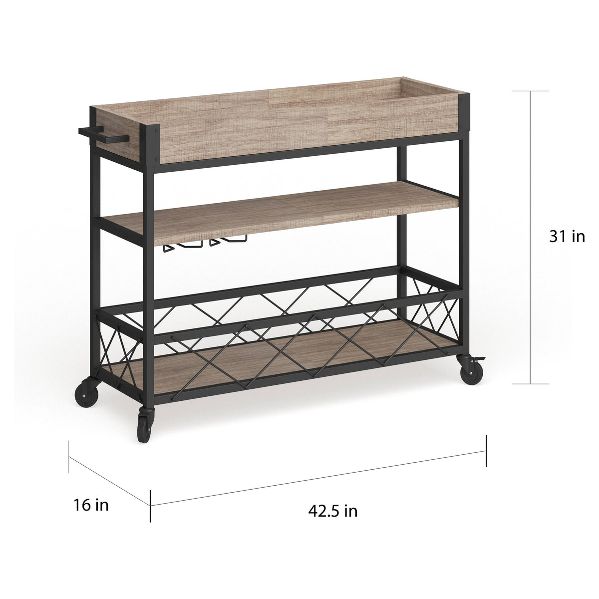 Aged Oak Wood Kitchen Bar Cart with Stemware Rack Y4665