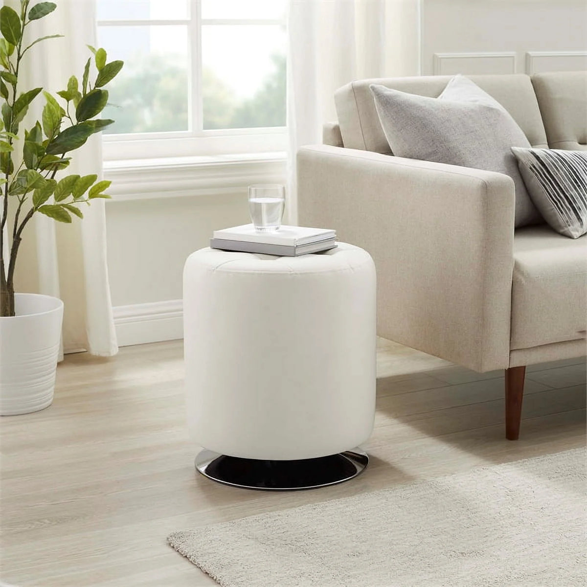 White Faux Leather Round Swivel Ottoman O459