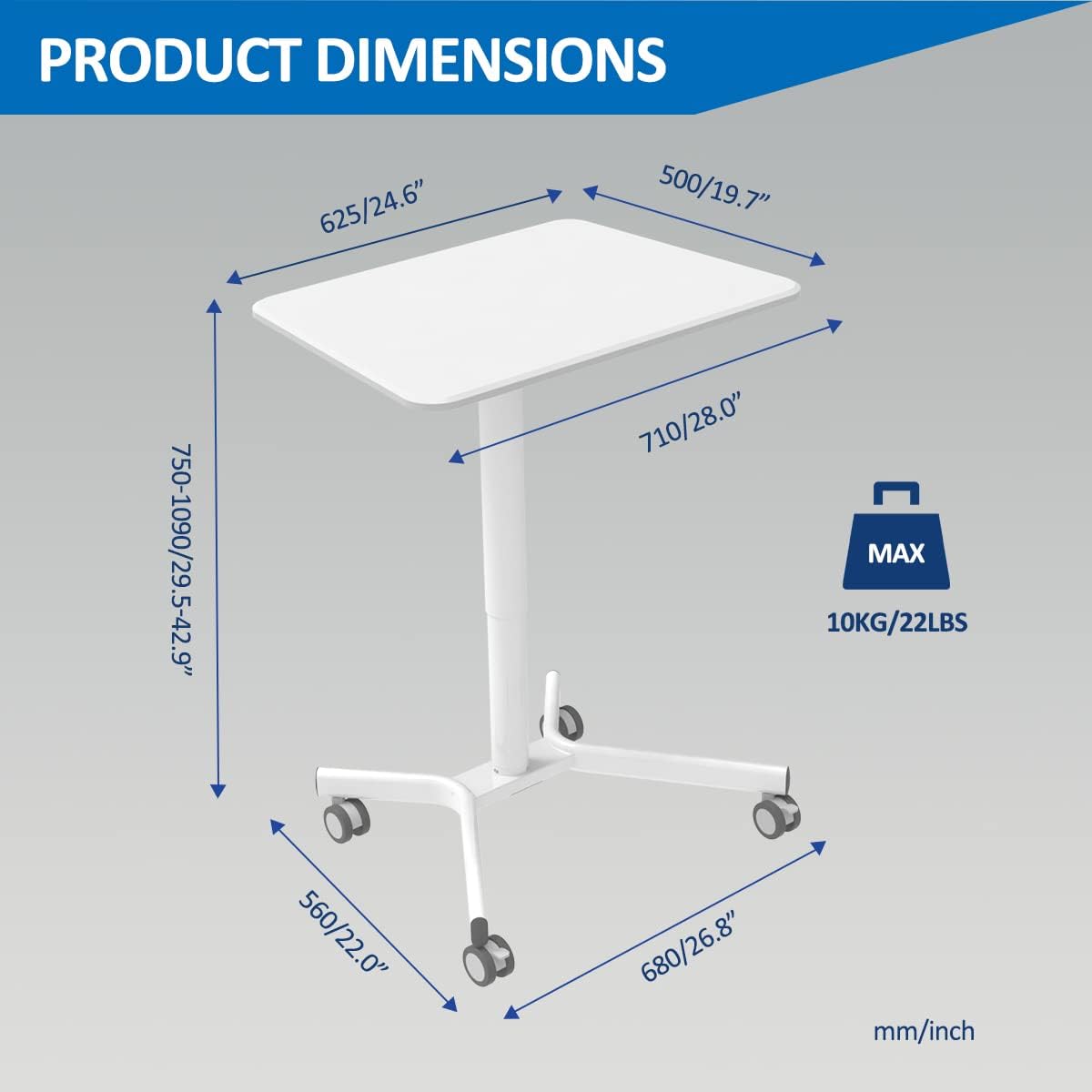 Pneumatic Mobile Laptop Standing Desk with Lockable Wheels O619130
