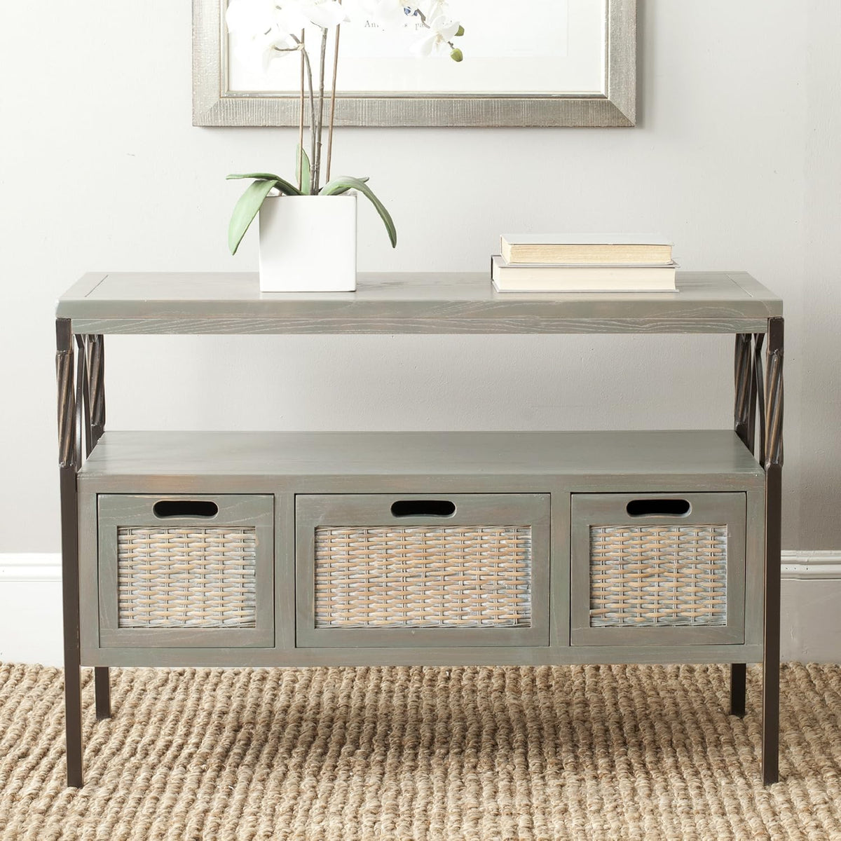 Antique Dark Walnut and Pewter 3-Drawer Console Table J735