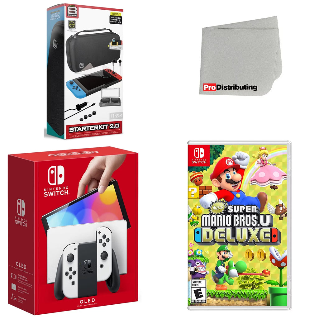 Nintendo Switch OLED Console White with New Super Mario Bros. U Deluxe, Screen Cleaning Cloth Bundle Z5030