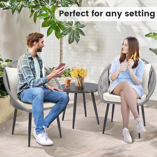 3 Piece Woven Rope Bistro Set with Cushions and Side Table G311991