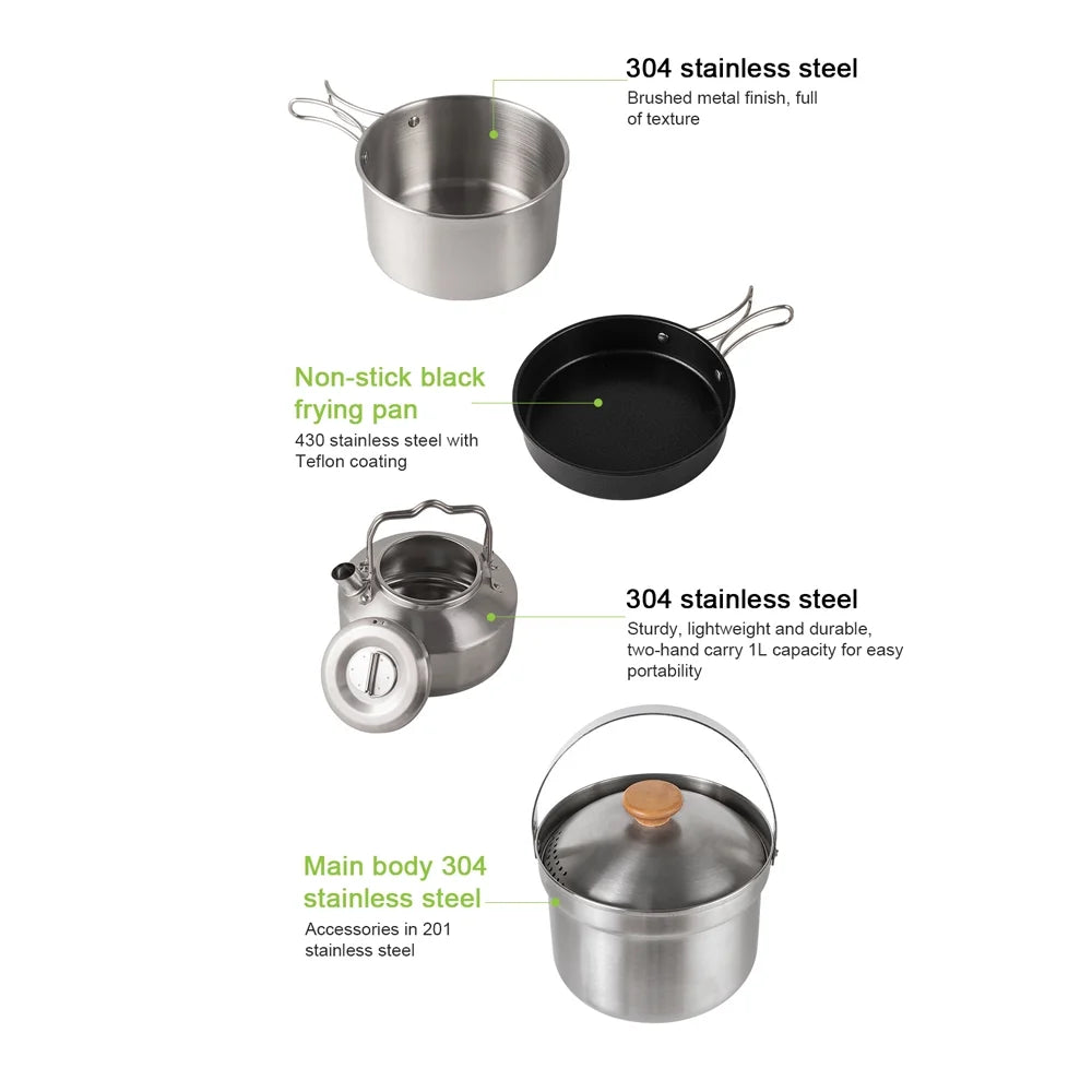 Stainless Steel Camping Cookware Set with Pot Frying Pan Kettle X22496