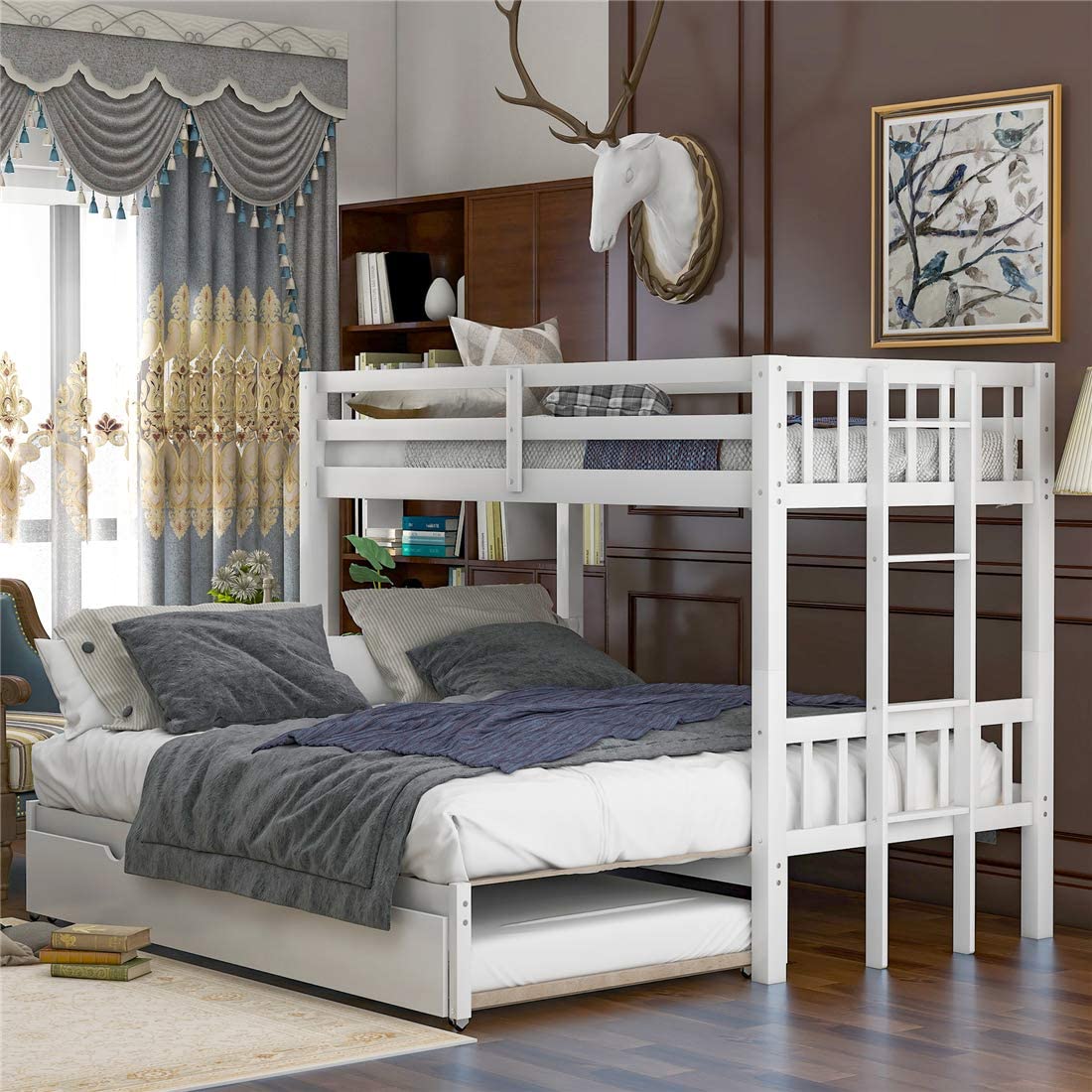 Twin Over King Wooden Bunk Bed with Trundle and Ladder W762