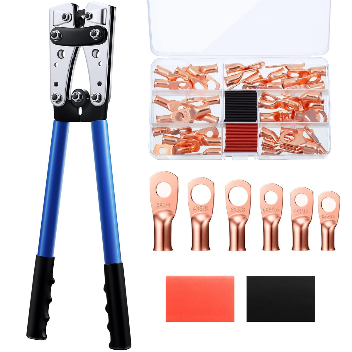 Battery Cable Lug Crimping Tool with Copper Lugs and Heat Shrink Tubing E656