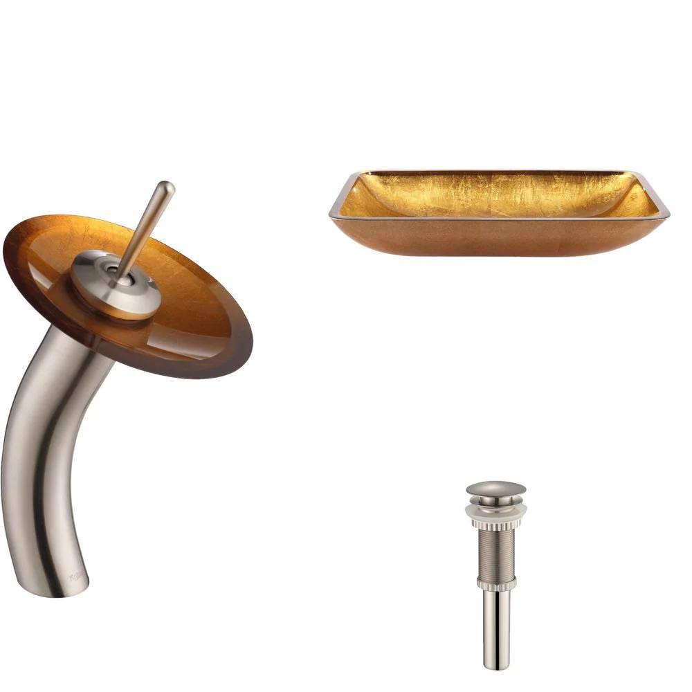 Golden Pearl Rectangular Glass Vessel Sink and Waterfall Faucet X957