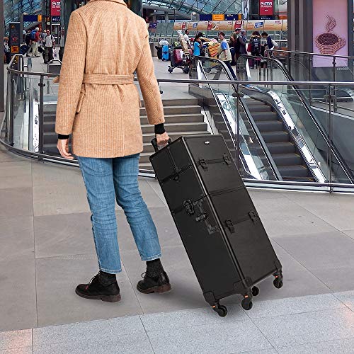 2 in 1 Rolling Makeup Train Case, Travel Makeup Organizer Cosmetic Display Case, Aluminum Cosmetology Supply Suitcase on Wheels, Beauty Storage Luggage Lockable w/4 Removable Wheels (Black) Z1175