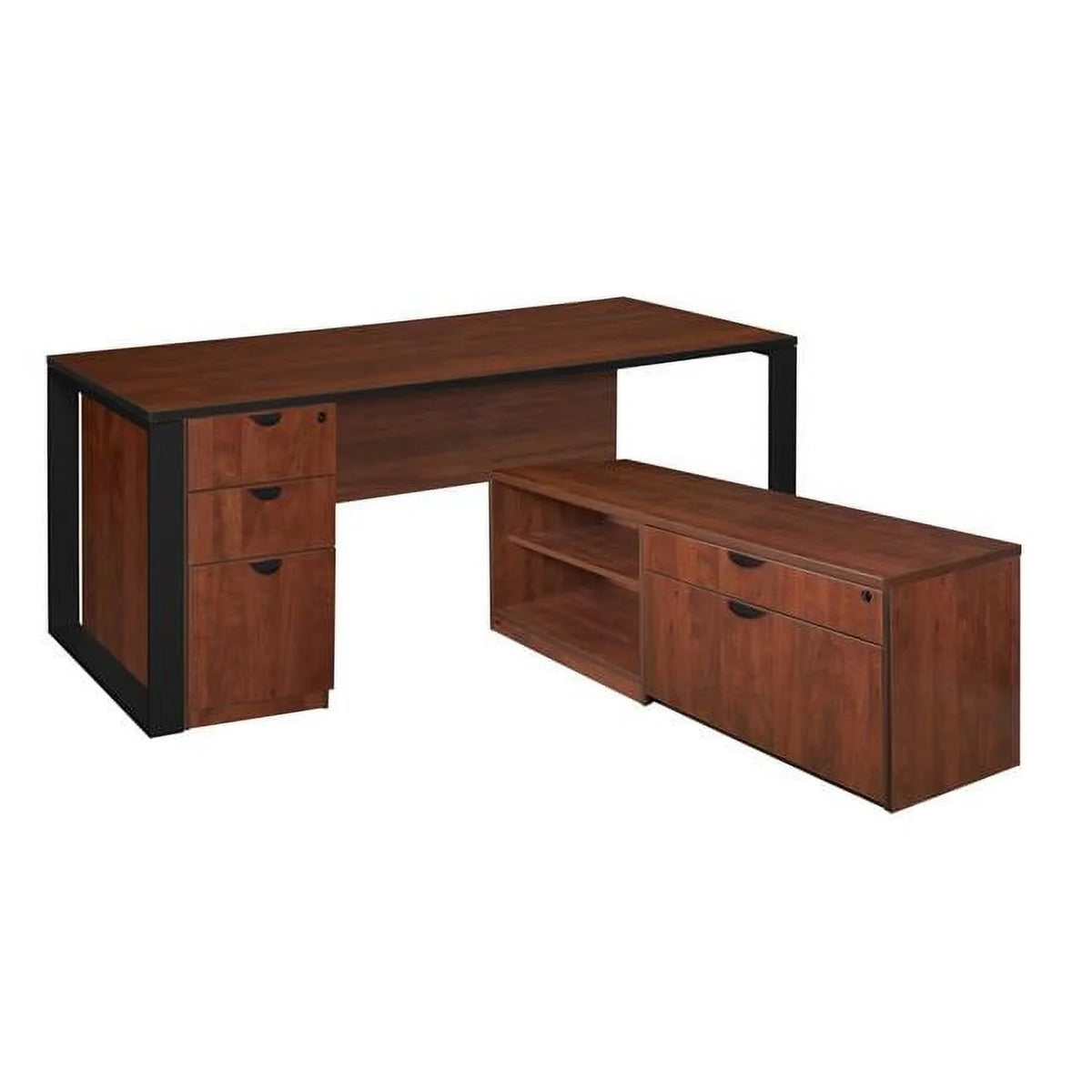 L-Desk with Laminate Low Credenza, Cherry & Black W818567