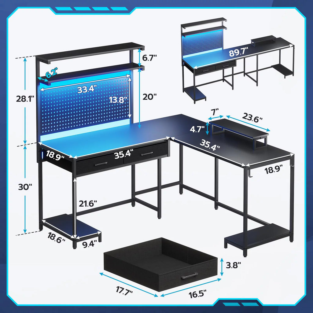 L Shaped Gaming Desk with LED Lights and Hutch Q609