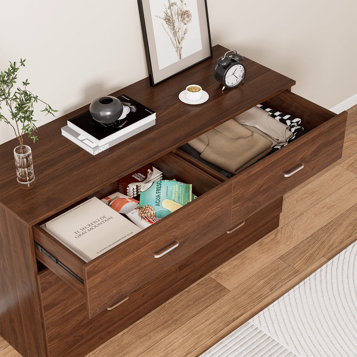 Black 6 Drawer Wood Double Dresser B9970
