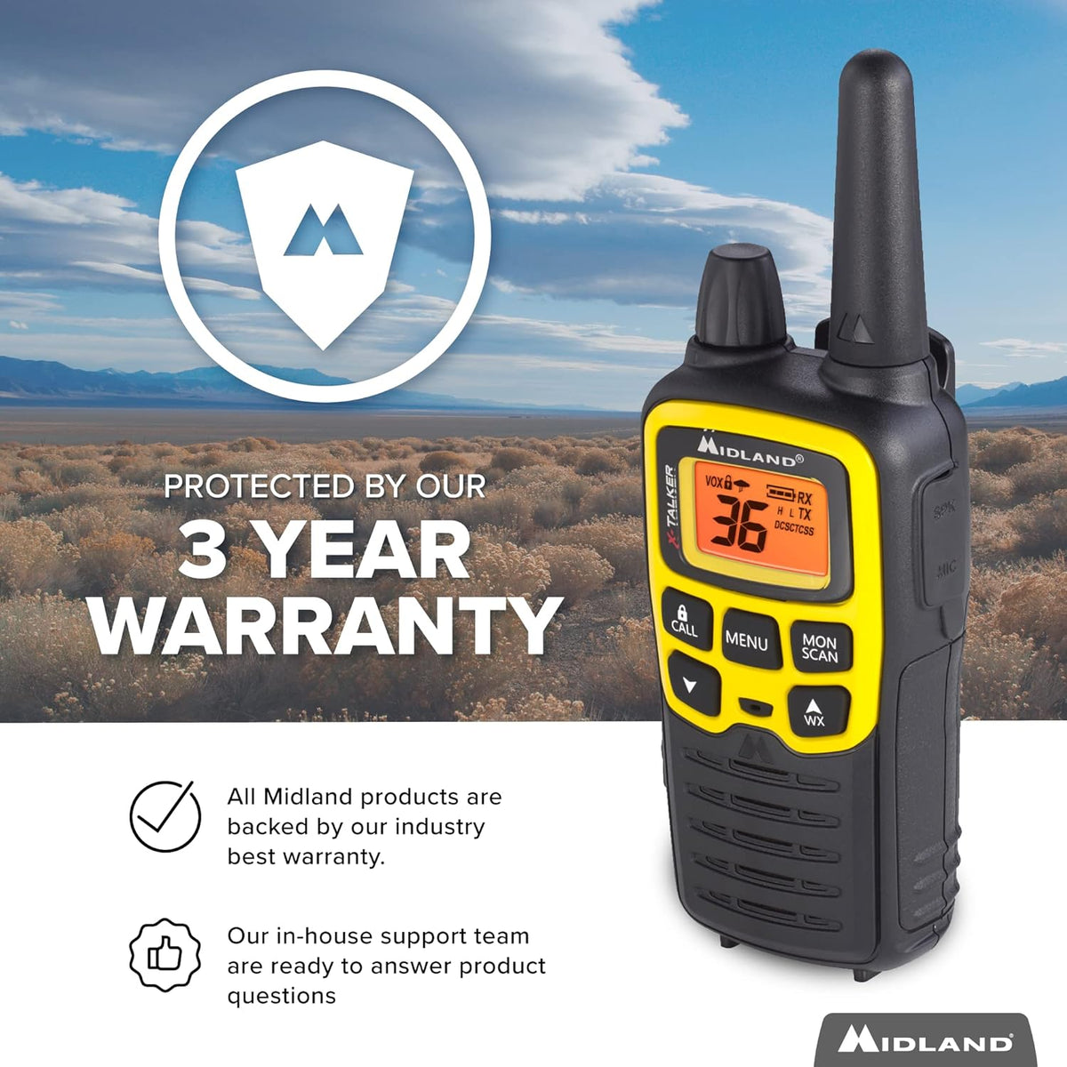 36 Channel FRS Two-Way Radio, 121 Privacy Codes, NOAA Weather Scan + Alert, Black/Yellow, 2-Pack Q280