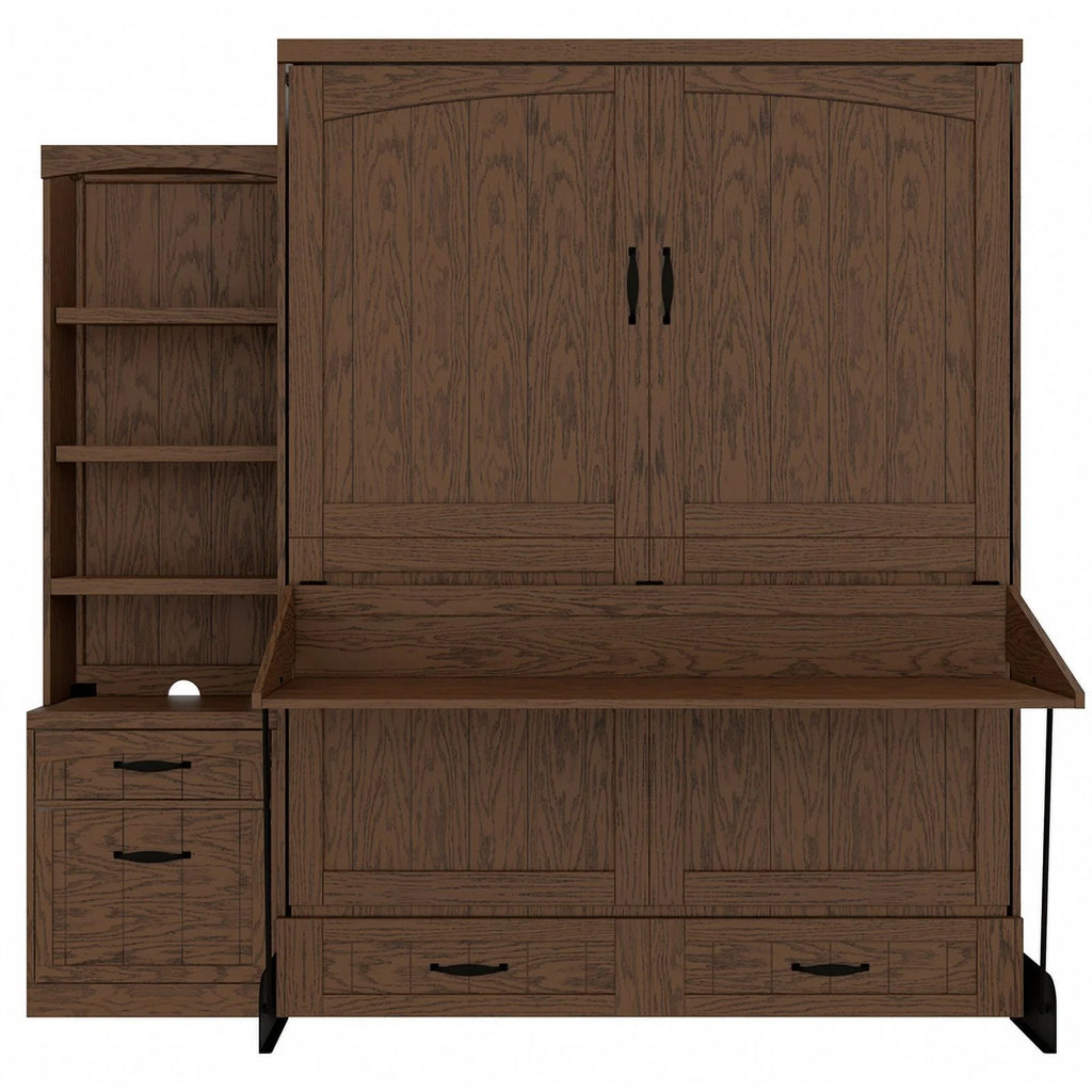 Brown Wood Queen Murphy Wall Desk Bed with Shelf Storage I859389