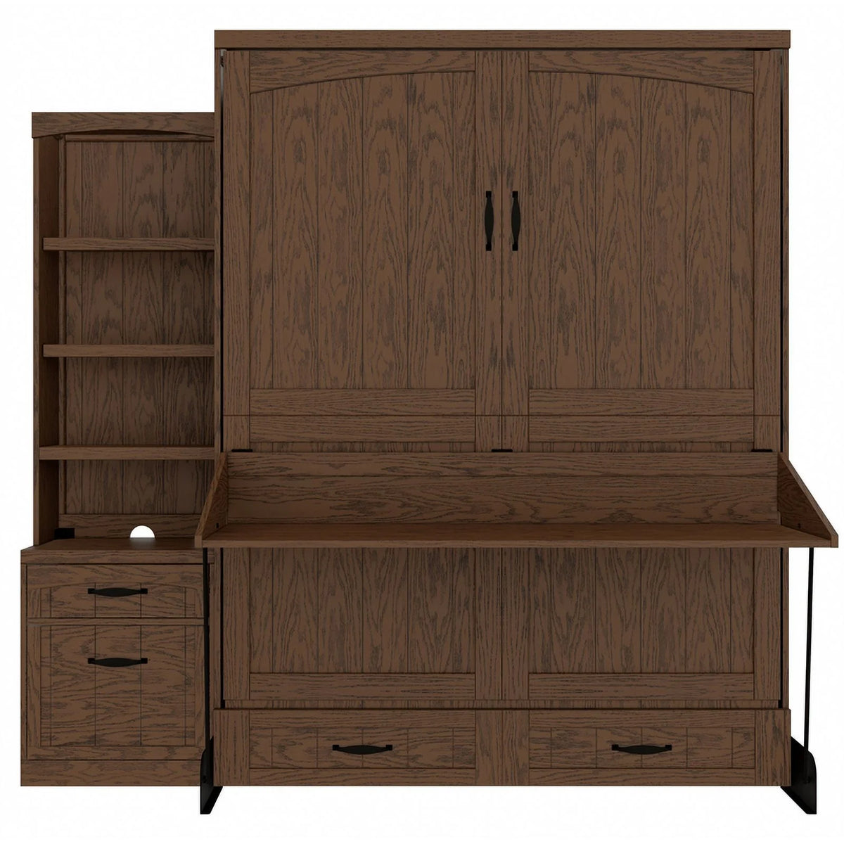 Brown Wood Queen Murphy Wall Desk Bed with Shelf Storage I859389