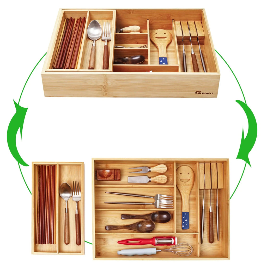 Bamboo Double Layer Kitchen Drawer Organizer with Sliding Tray, Removable Knife Block, Utensil Silverware Cutlery Storage Box, Brown T649