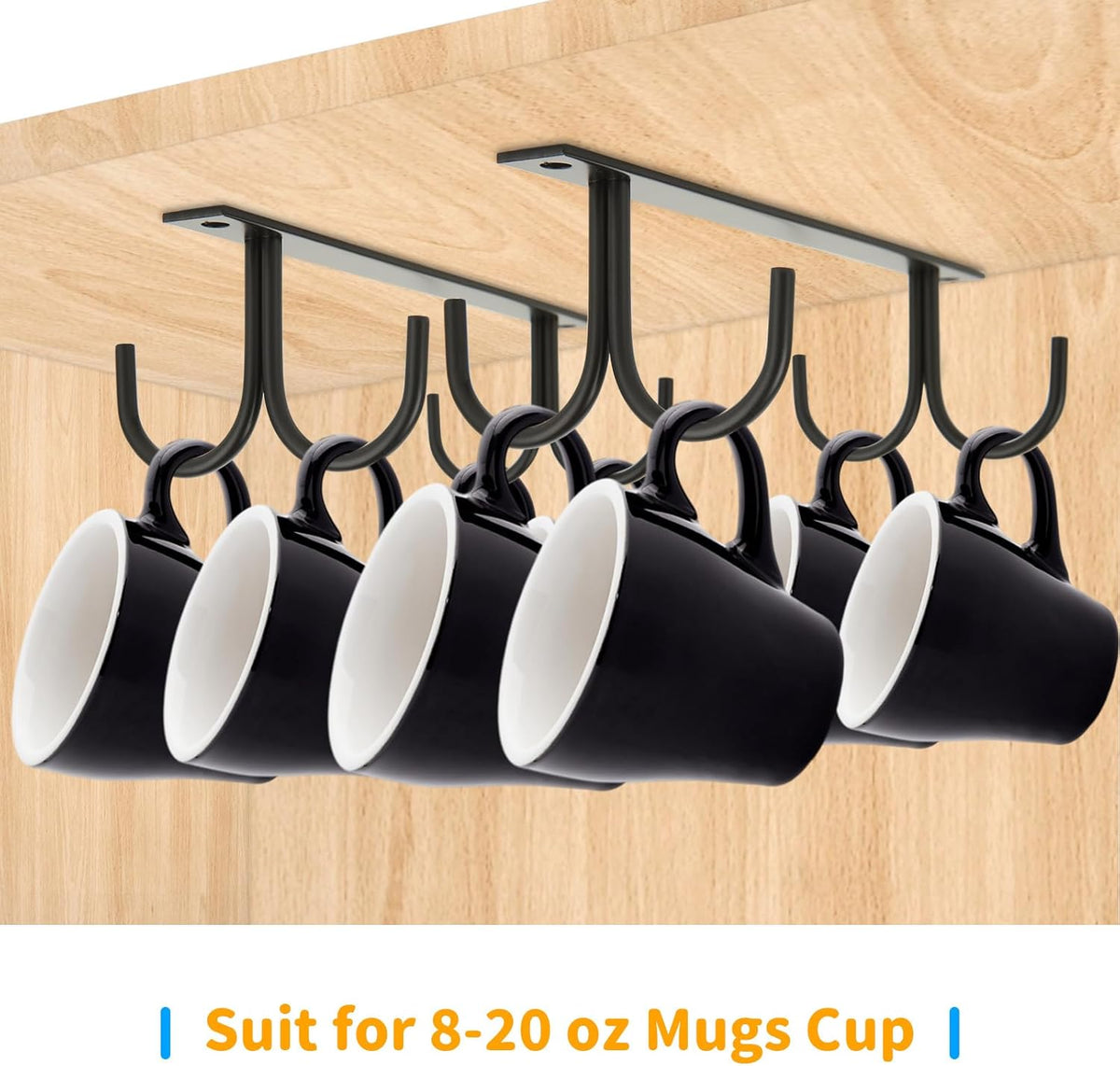 6 Pack Black Under Cabinet Mug Rack with 24 Hooks V42325