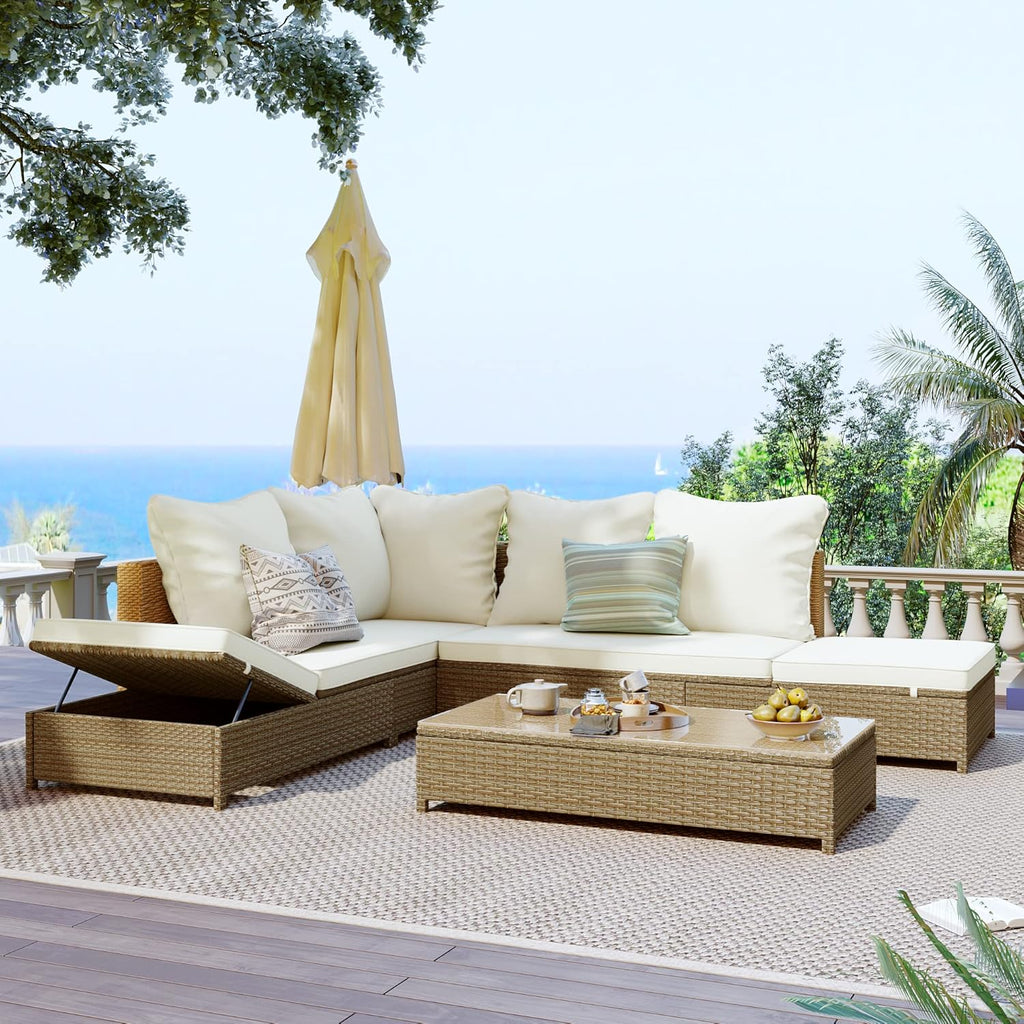 3-Piece PE Rattan Wicker Sectional Sofa Set with Tempered Glass Table E612
