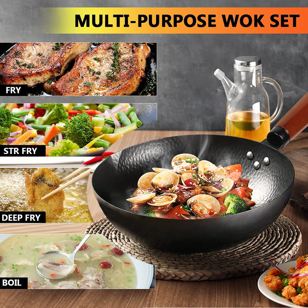 14 Piece Carbon Steel Wok Pan Set with Wooden Lid Z9918