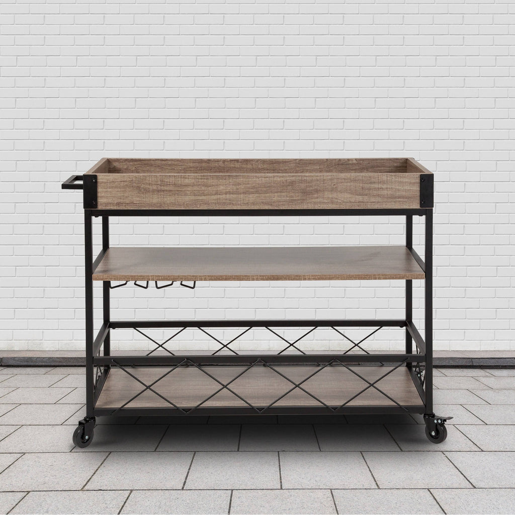 Aged Oak Wood Kitchen Bar Cart with Stemware Rack Y4665