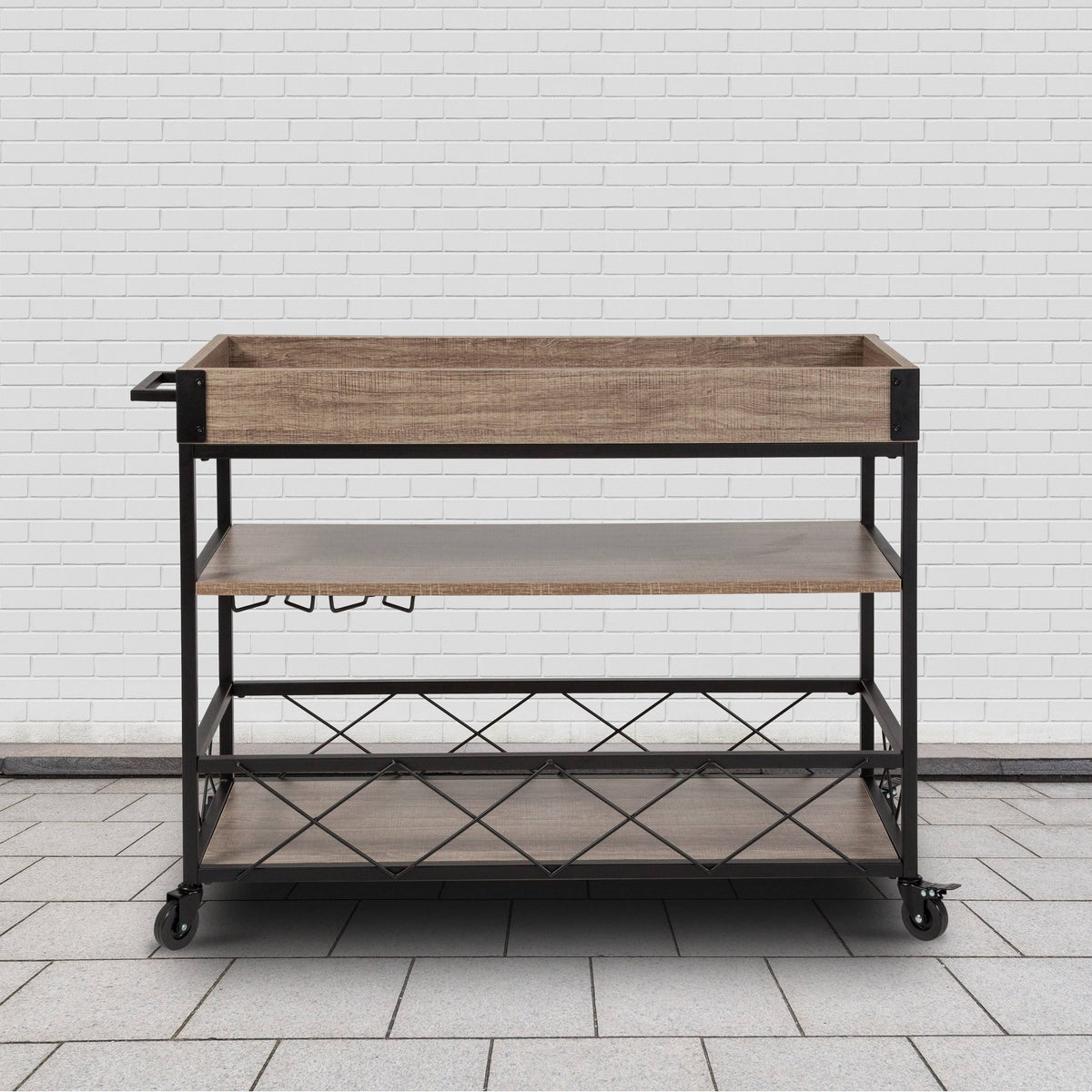 Aged Oak Wood Kitchen Bar Cart with Stemware Rack Y4665