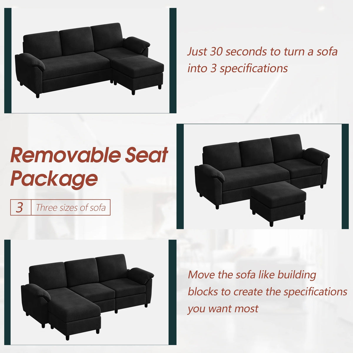 79" Convertible Sectional Sofa Couch, Linen Fabric L Shaped Sofa with Removable Pillows Black Q217782