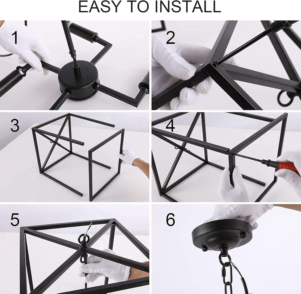Matte Black 4-Light Metal Cage Pendant Light Chandelier N9523