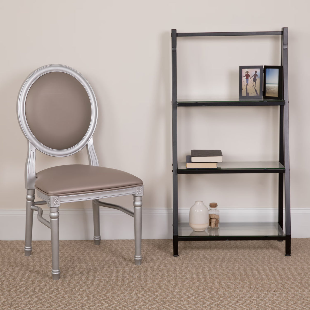 King Louis Dining Chair with Taupe Vinyl Back and Seat & Silver Frame P60835