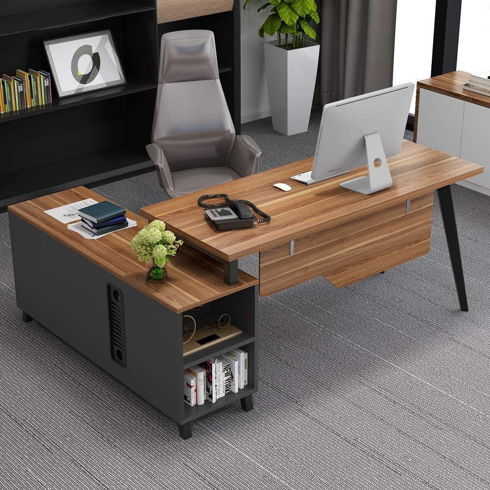 Dark Walnut L-Shaped Desk with Storage Shelves and File Cabinet S5080