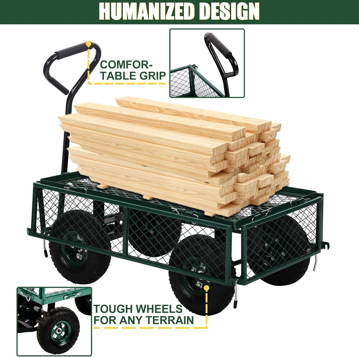 Heavy Duty Steel Utility Cart with Removable Sides and 10 Inch Wheels, Green W37086