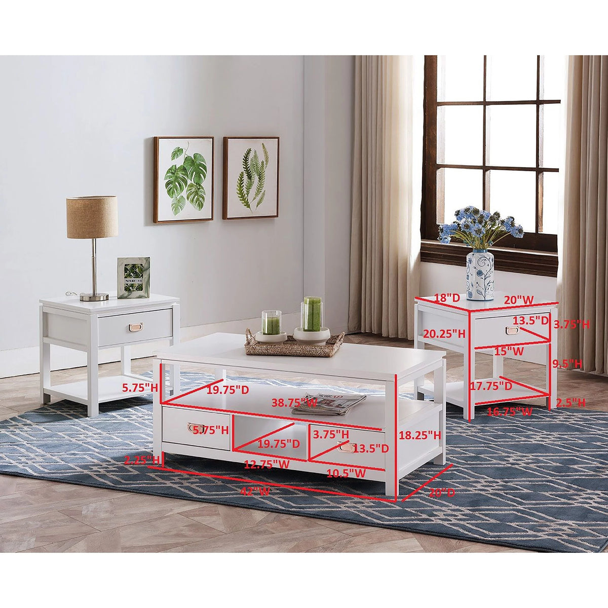 3 Piece White Wood Storage Occasional Table Set U289