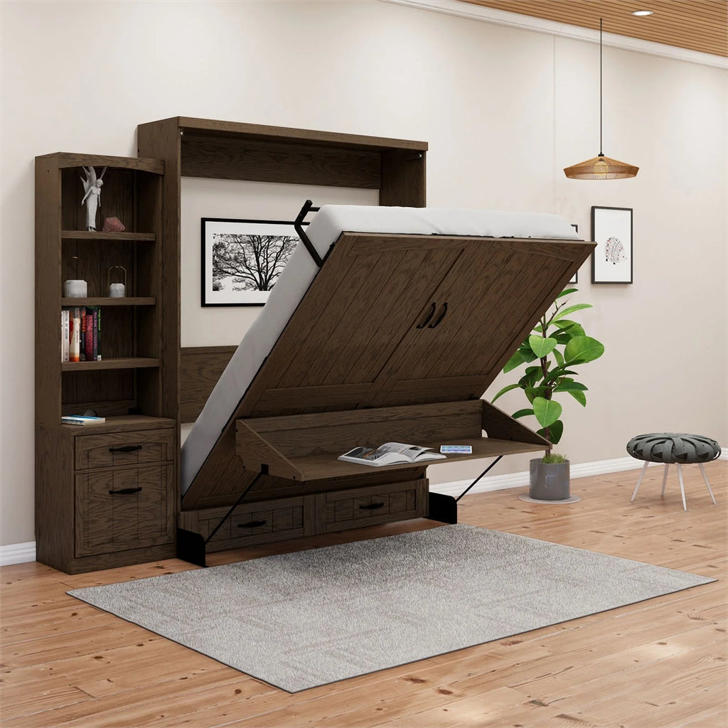 Brown Wood Queen Murphy Wall Desk Bed with Shelf Storage I859389