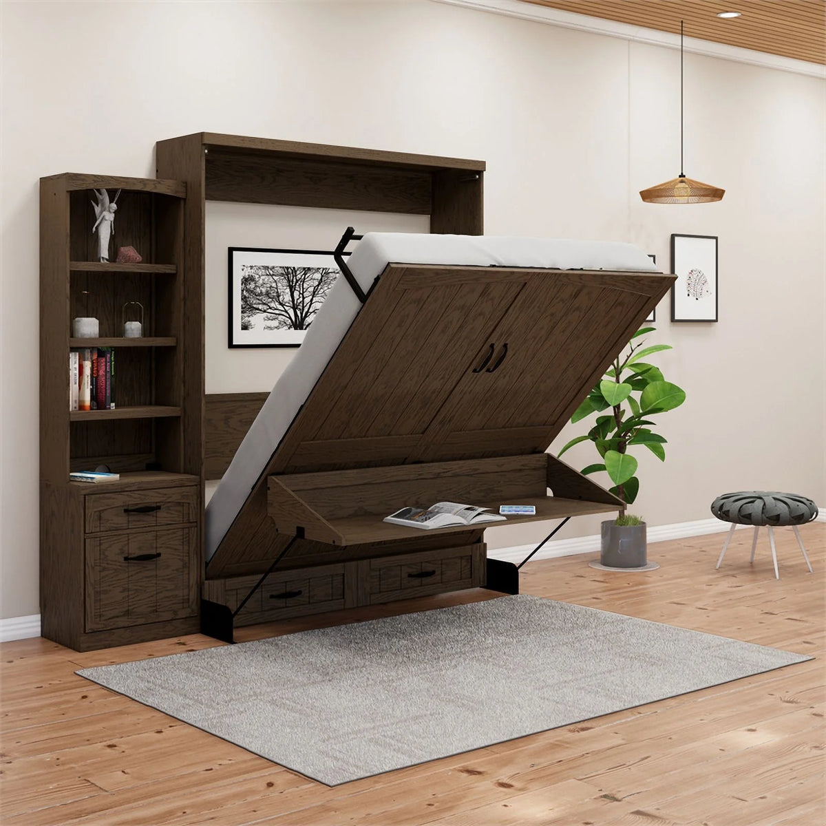 Brown Wood Queen Murphy Wall Desk Bed with Shelf Storage I859389