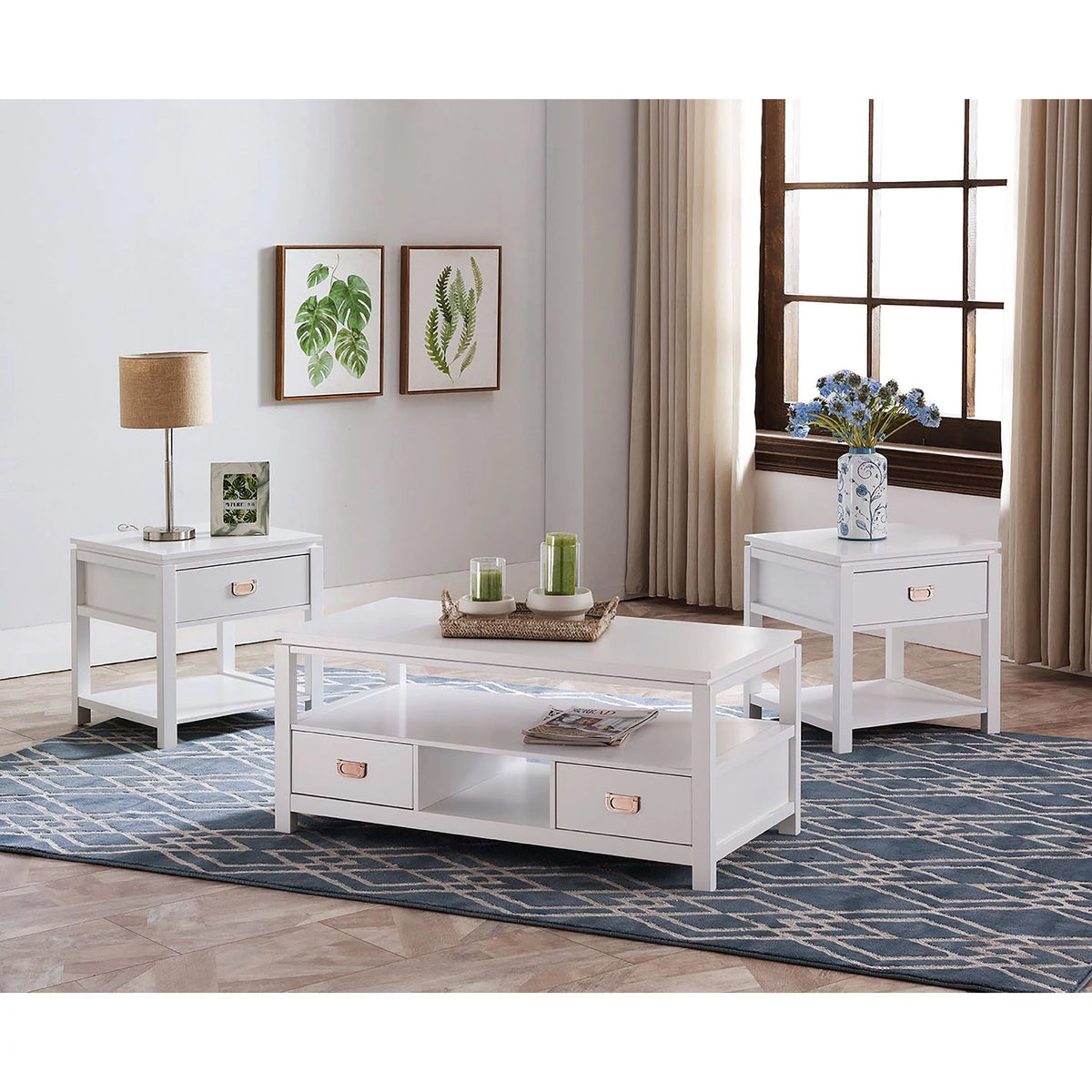 3 Piece White Wood Storage Occasional Table Set U289
