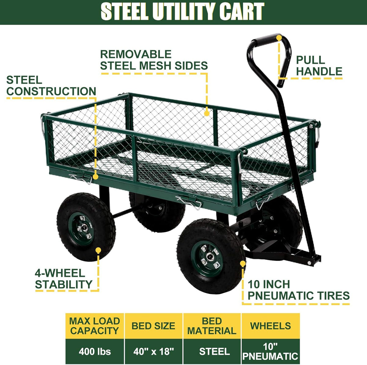 Heavy Duty Steel Utility Cart with Removable Sides and 10 Inch Wheels, Green W37086