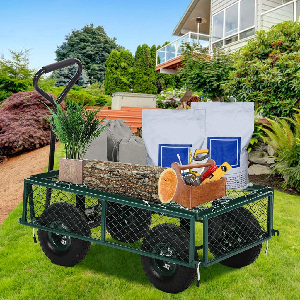 Heavy Duty Steel Utility Cart with Removable Sides and 10 Inch Wheels, Green W37086