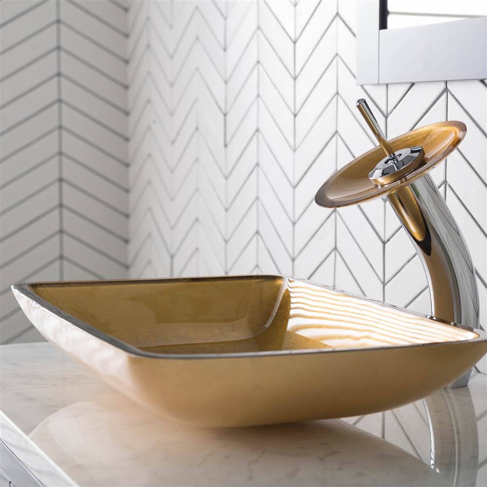 Golden Pearl Rectangular Glass Vessel Sink and Waterfall Faucet X957