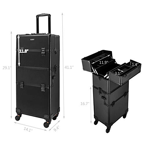 2 in 1 Rolling Makeup Train Case, Travel Makeup Organizer Cosmetic Display Case, Aluminum Cosmetology Supply Suitcase on Wheels, Beauty Storage Luggage Lockable w/4 Removable Wheels (Black) Z1175