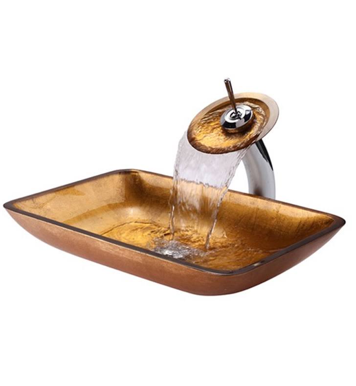 Golden Pearl Rectangular Glass Vessel Sink and Waterfall Faucet X957