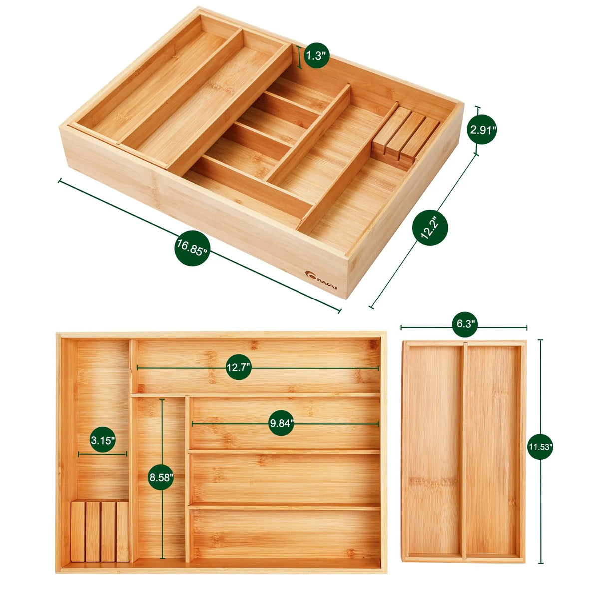 Bamboo Double Layer Kitchen Drawer Organizer with Sliding Tray, Removable Knife Block, Utensil Silverware Cutlery Storage Box, Brown T649