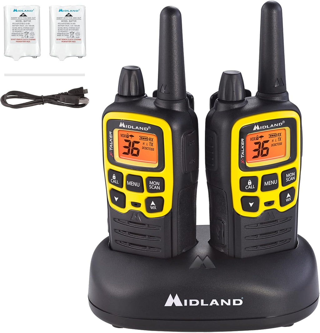 36 Channel FRS Two-Way Radio, 121 Privacy Codes, NOAA Weather Scan + Alert, Black/Yellow, 2-Pack Q280