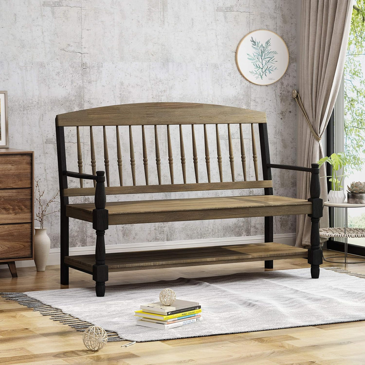 Gray and Black Acacia Wood Bench with Shelf T631201