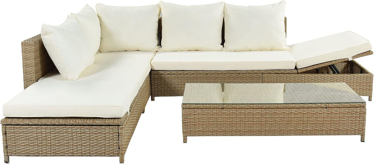 3-Piece PE Rattan Wicker Sectional Sofa Set with Tempered Glass Table E612