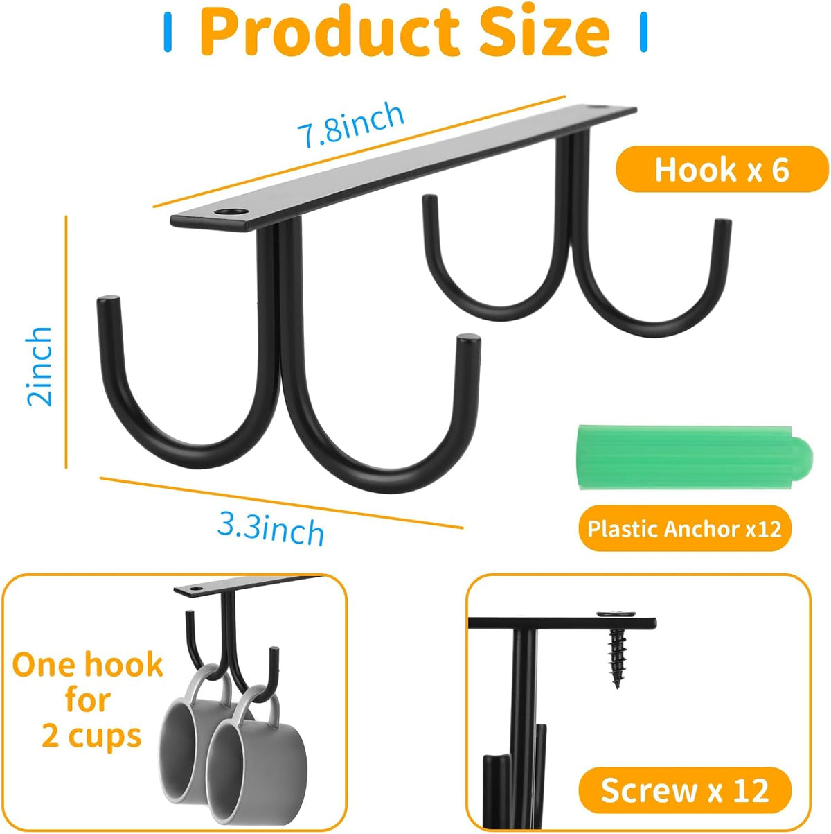 6 Pack Black Under Cabinet Mug Rack with 24 Hooks V42325