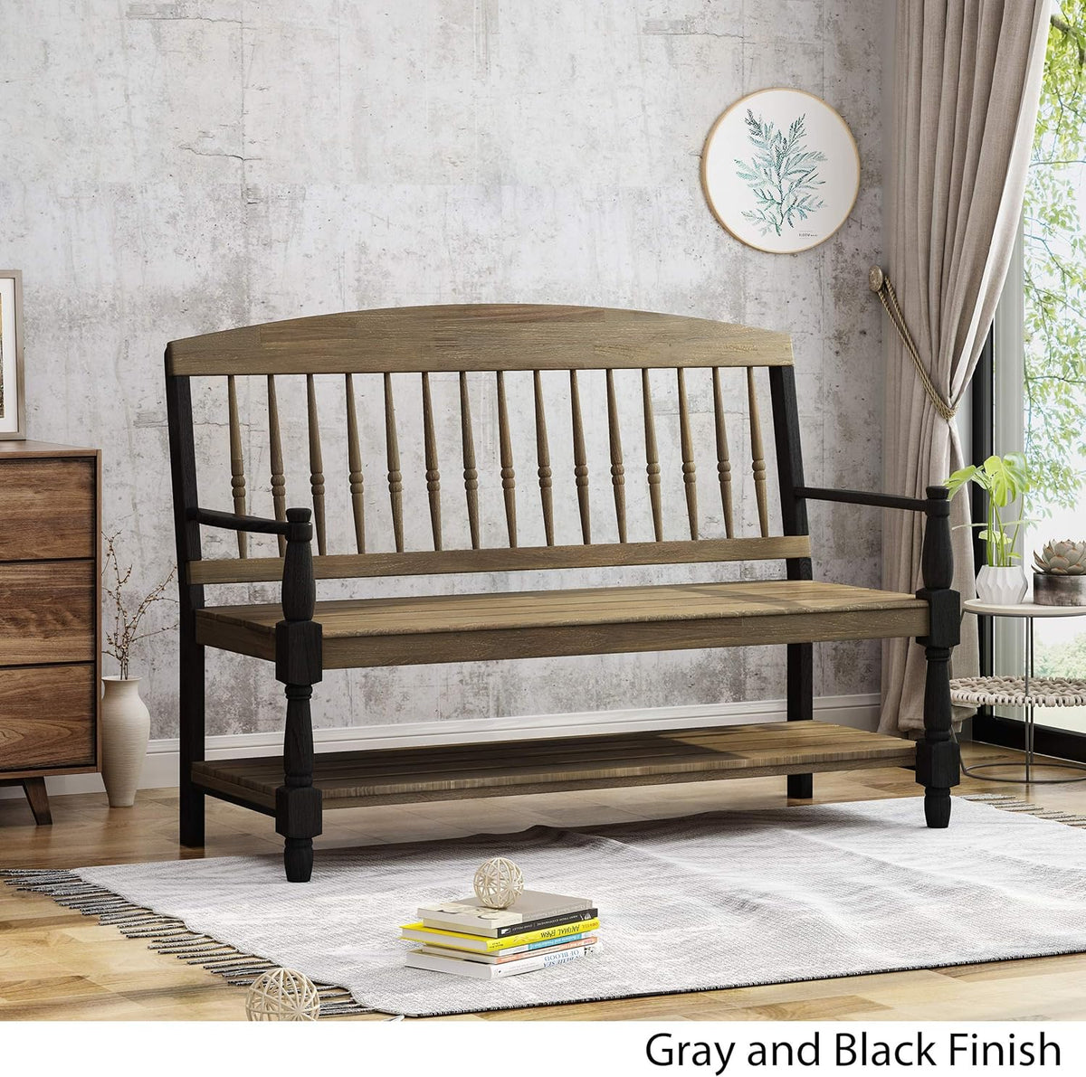 Gray and Black Acacia Wood Bench with Shelf T631201