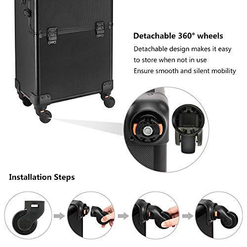 2 in 1 Rolling Makeup Train Case, Travel Makeup Organizer Cosmetic Display Case, Aluminum Cosmetology Supply Suitcase on Wheels, Beauty Storage Luggage Lockable w/4 Removable Wheels (Black) Z1175