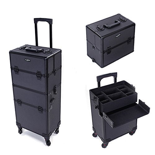 2 in 1 Rolling Makeup Train Case, Travel Makeup Organizer Cosmetic Display Case, Aluminum Cosmetology Supply Suitcase on Wheels, Beauty Storage Luggage Lockable w/4 Removable Wheels (Black) Z1175