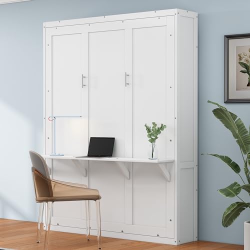 White 61.5-inch Wood Folding Wall Bed with Desk C3584